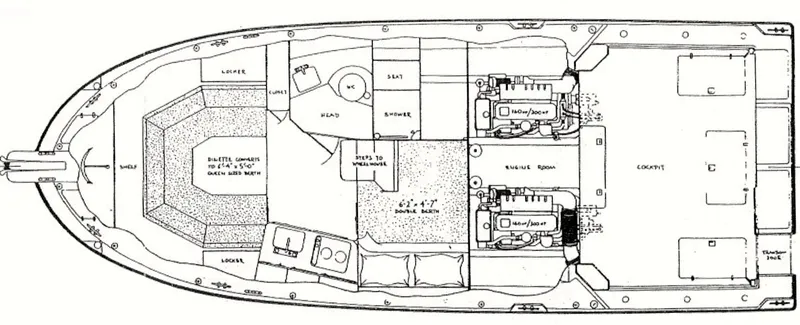 Slide: The Image of 2005 Albin Tournament Express boat layout with detailed interior and engine placement. - 29