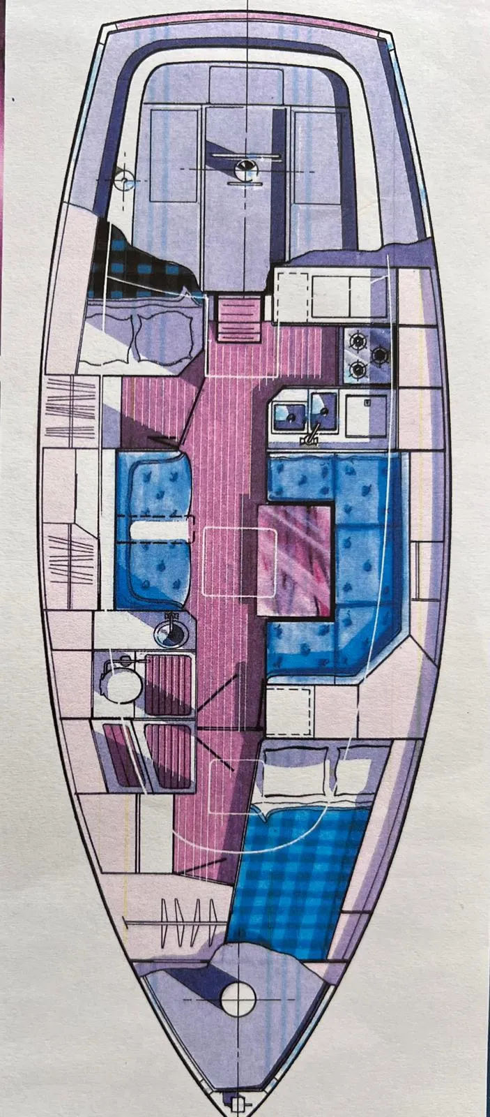 Slide: The Image of Floor plan of a 2005 Nonsuch 33 sailboat, featuring interior layout and amenities. - 34