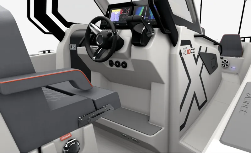 Slide: The Image of 2025 Zodiac X10CC boat interior with modern dashboard and seating. - 3