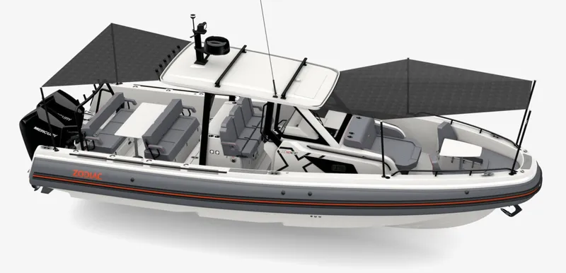 Slide: The Image of 2025 Zodiac X10CC boat with canopy, modern design, and spacious seating. - 8