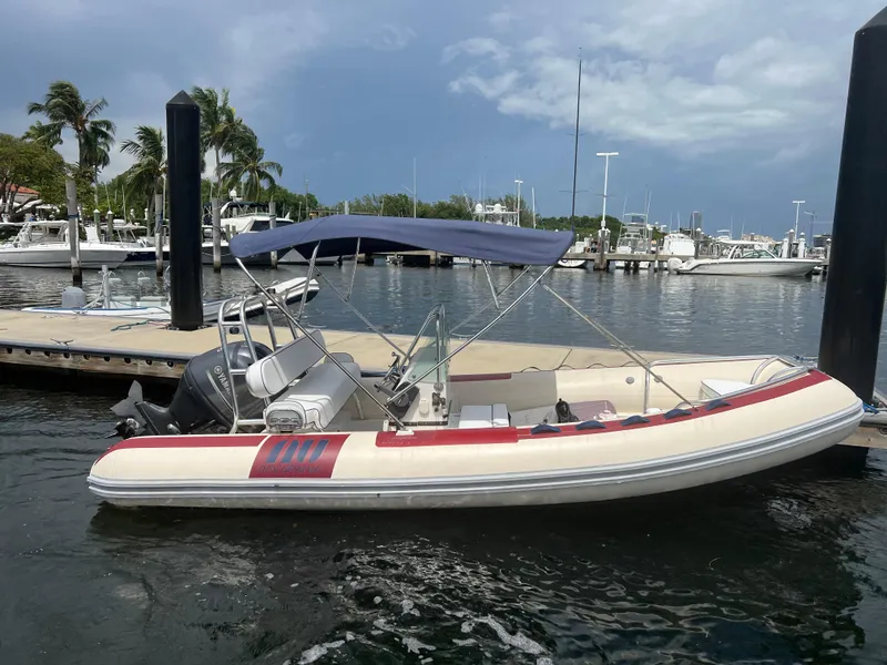 Slide: The Image of Novurania DL 550 boat docked at marina, 2016 model with canopy. - 1