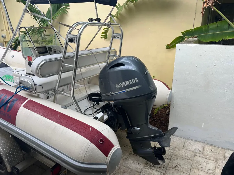 Slide: The Image of Novurania DL 550 boat with Yamaha outboard motor, 2016 model, docked near tropical plants. - 3