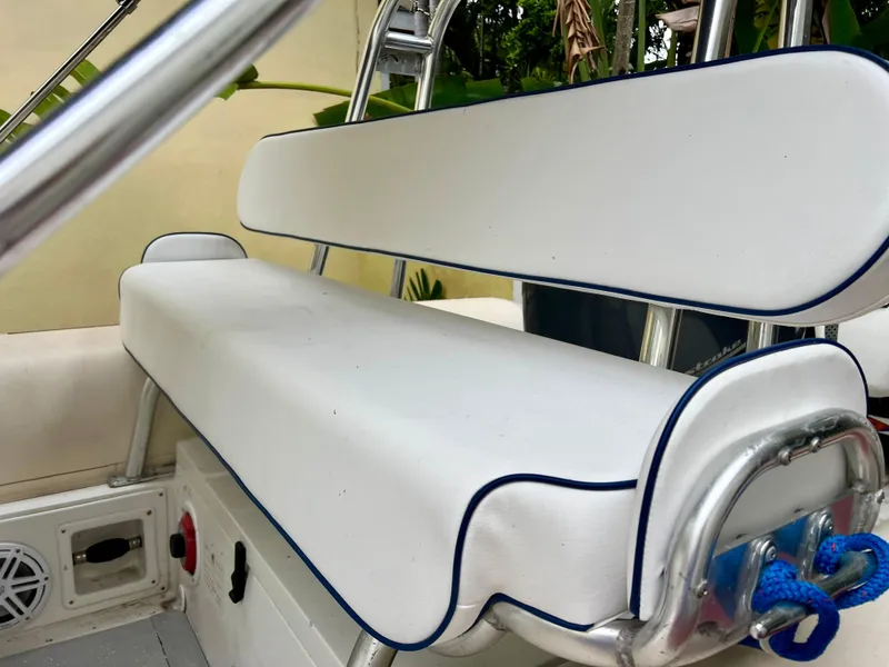 Slide: The Image of White seating on 2016 Novurania DL 550 boat, featuring sleek design and blue trim. - 5