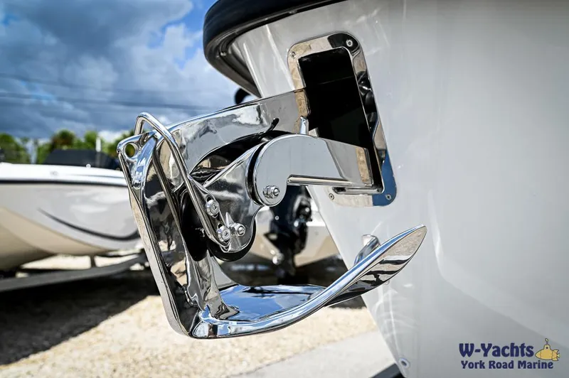 Slide: The Image of 2024 Yamarin 67 DC boat anchor detail with chrome finish, displayed at W-Yachts York Road Marine. - 22