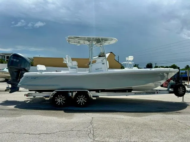 Slide: The Image of 2025 BlackJack 256 Coastal boat on trailer under cloudy sky. - 5