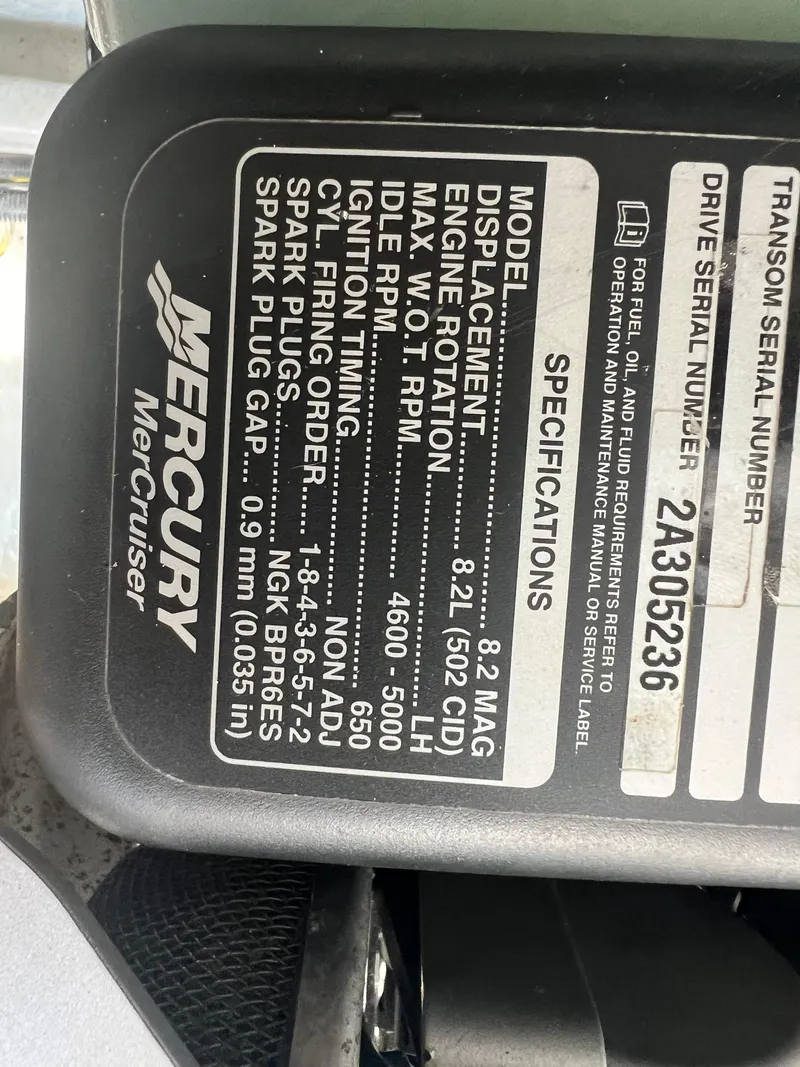 Slide: The Image of Mercury MerCruiser engine specifications label on 2015 Cruisers Yachts 350 Express. - 6