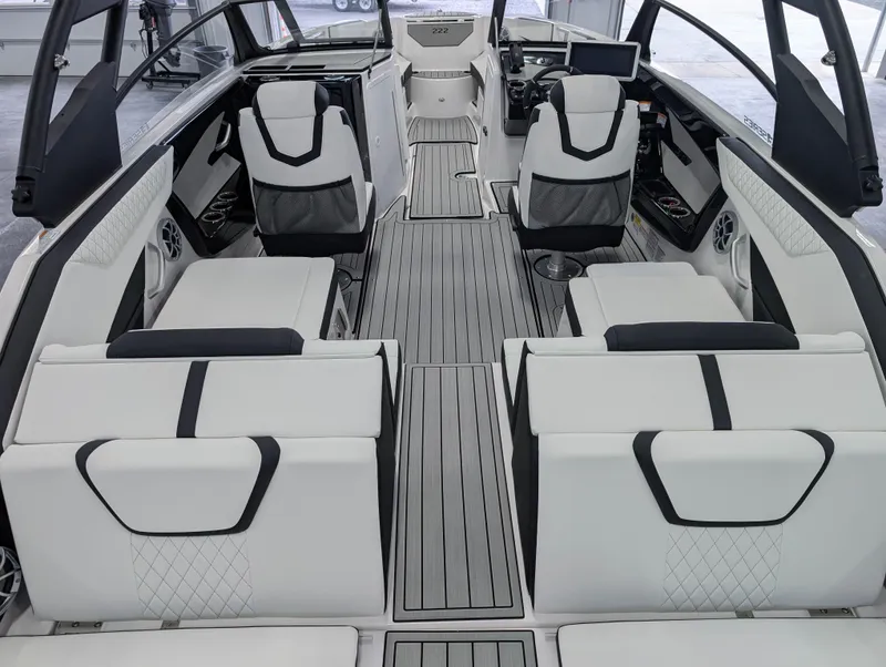 Slide: The Image of 2025 Yamaha Boats 222SE interior with modern seating and sleek design. - 15