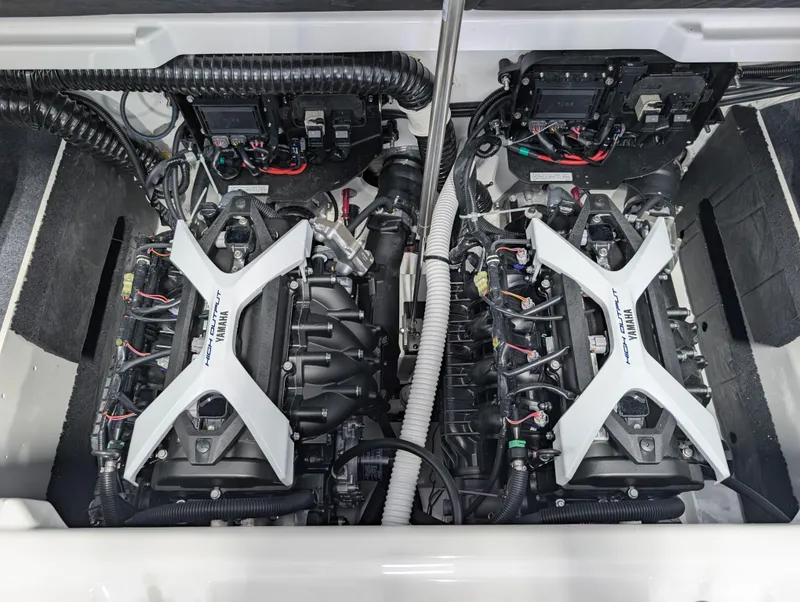 Slide: The Image of 2025 Yamaha Boats 222SE engine compartment showcasing dual high-output engines. - 30