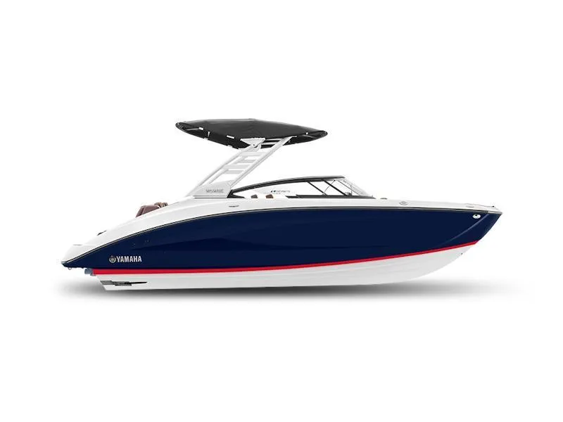 Slide: The Image of 2025 Yamaha Boats 252SE, sleek design, blue and white hull, black canopy, side view. - 6