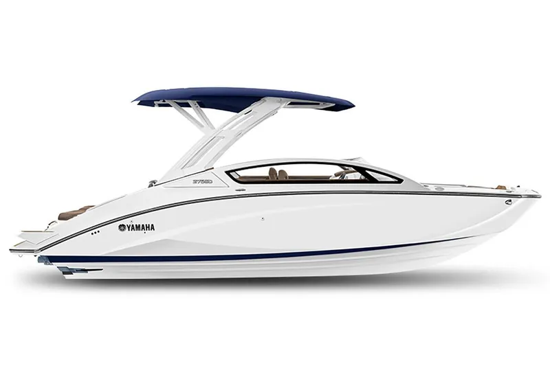 Slide: The Image of 2025 Yamaha Boats 275 SD, sleek white design with blue canopy. - 12