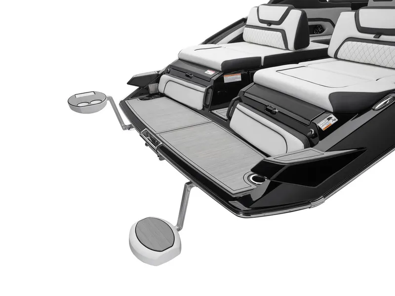 Slide: The Image of 2025 Yamaha Boats 275 SD, luxury seating and swim platform, sleek black and white design. - 7