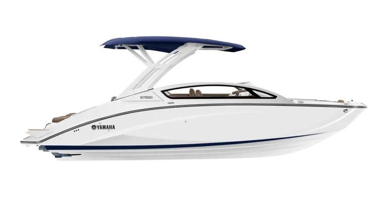 Slide: The Image of 2025 Yamaha Boats 275 SD, sleek white design with blue canopy, side view. - 9