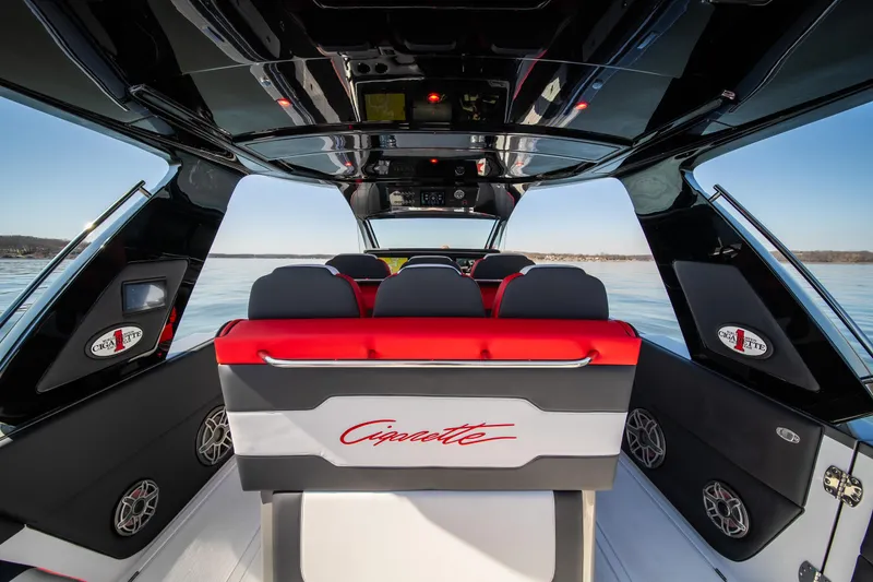 Slide: The Image of Interior of 2025 Cigarette 41 Nighthawk boat with red and black seating. - 21