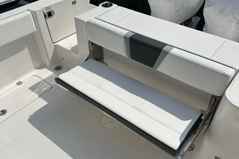 Slide: The Image of 2025 Robalo R250 Center Console boat with white seating and sleek design. - 10
