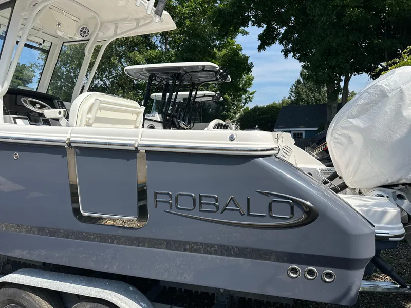 Slide: The Image of 2025 Robalo R250 Center Console boat, sleek design, parked outdoors. - 3