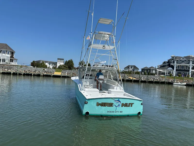 Slide: The Image of Custom Carolina 40 Express Sportfisherman, 2002, docked in a scenic marina setting. - 17