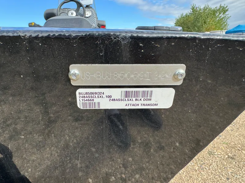 Slide: The Image of 2024 Tracker Bass Tracker Classic XL transom with identification plate and barcode. - 5