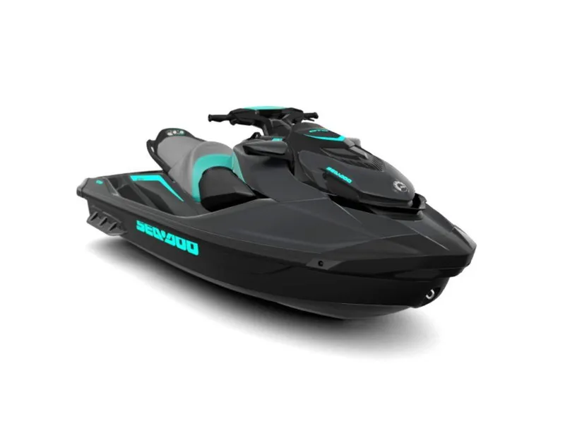 Slide: The Image of 2025 Sea-Doo GTR™ 230 IBR jet ski, sleek black and teal design. - 1