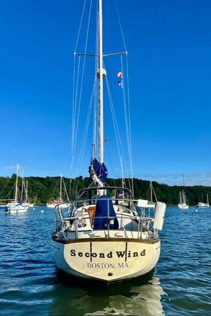 Slide: The Image of Sailboat "Second Wind" Mason 33, 1986, anchored in a scenic harbor, Boston, MA. - 6