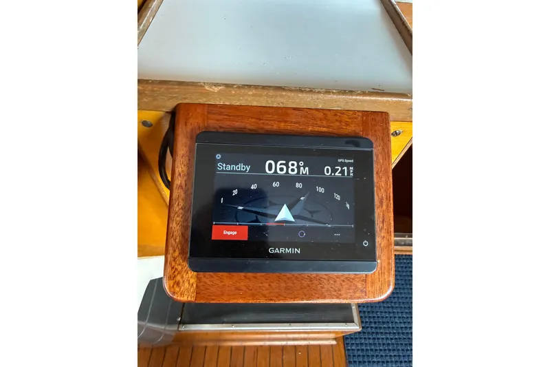 Slide: The Image of Garmin navigation display on 1961 Chris-Craft 55 yacht, showing standby mode and GPS speed. - 30
