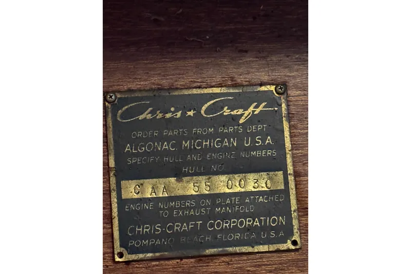 Slide: The Image of 1961 Chris-Craft 55 identification plate, Algonac Michigan, Pompano Beach Florida. - 56