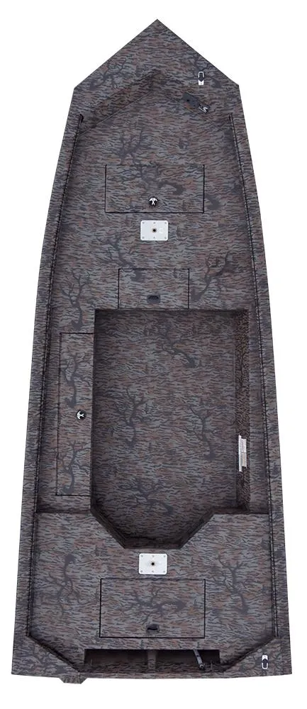 Slide: The Image of 16' Xpress HD16DB duck hunting boat, camo design, top view, 2026 model. - 7