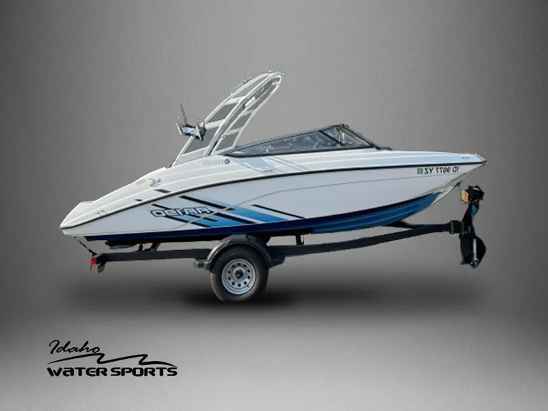 Slide: The Image of 2021 Yamaha AR190 boat on trailer, Idaho Water Sports logo. - 1