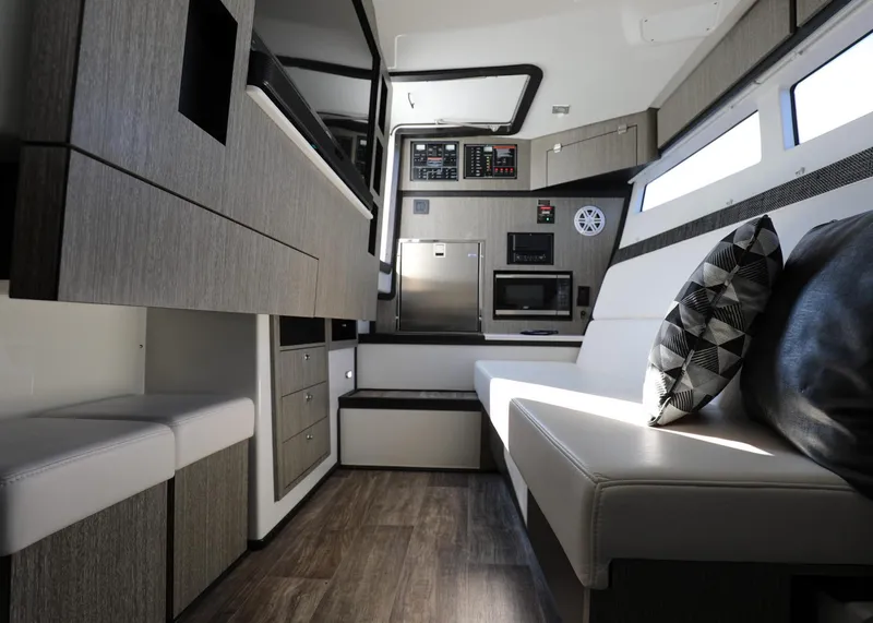 Slide: The Image of Interior of 2023 Monterey 385 Super Sport yacht, featuring modern design and comfortable seating. - 37