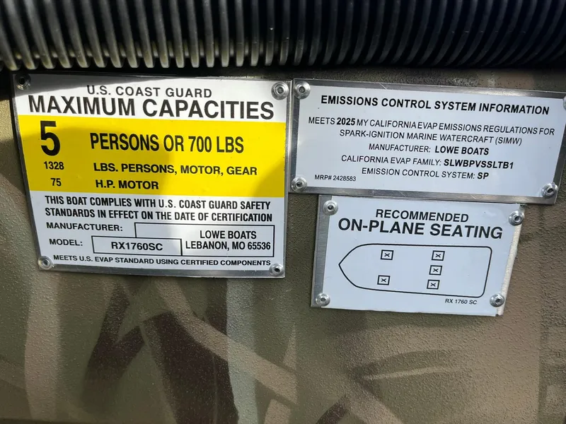 Slide: The Image of Lowe Roughneck 1760SC 2025 boat capacity and emissions information labels. - 25
