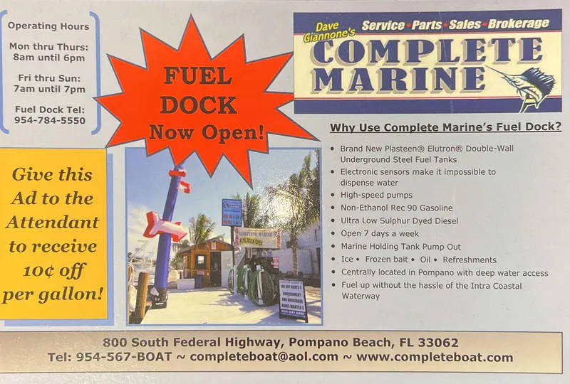 Slide: The Image of Complete Marine fuel dock advertisement with operating hours and discount offer. - 19