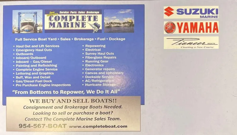 Slide: The Image of Complete Marine services ad featuring Suzuki, Yamaha, and Pioneer logos, offering boat sales and repairs. - 20