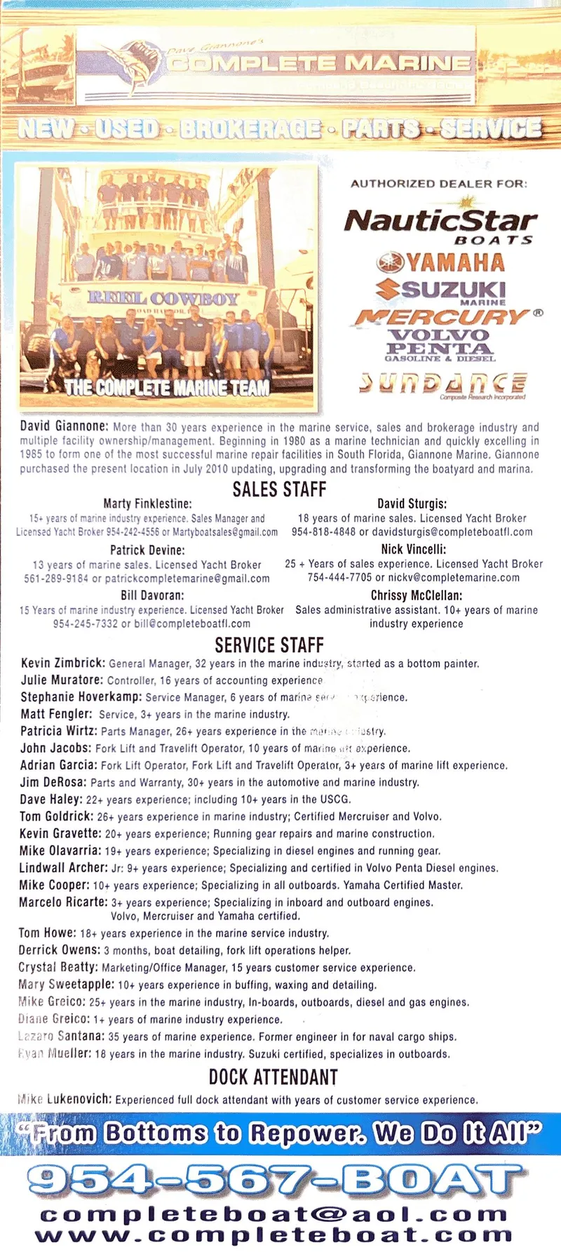 Slide: The Image of Complete Marine dealership flyer featuring sales and service staff, contact info, and authorized dealer brands. - 21