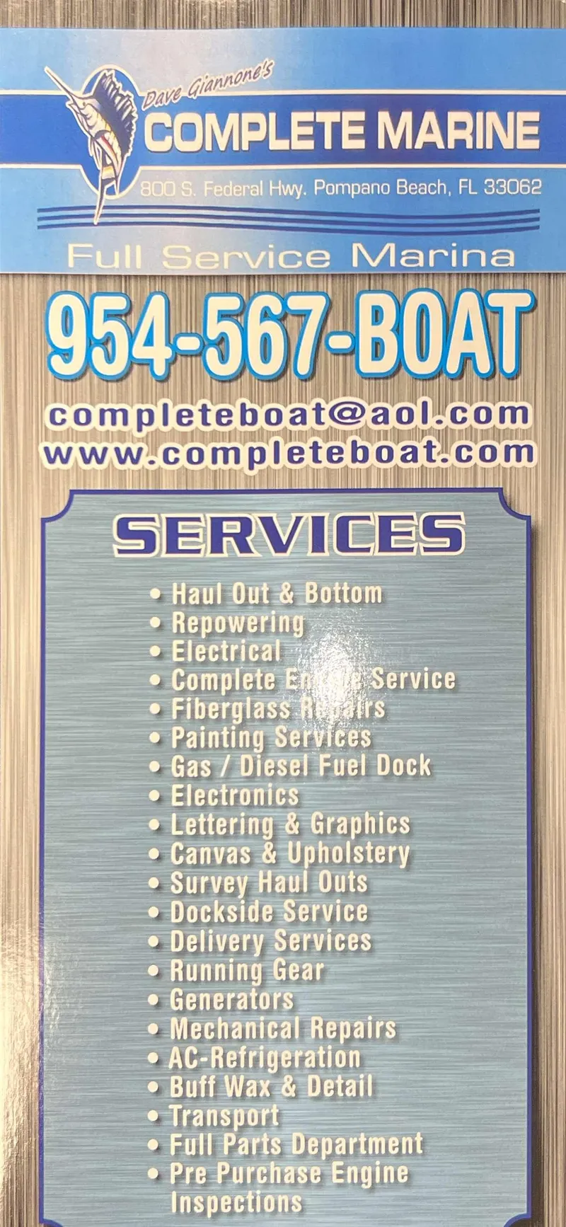 Slide: The Image of Complete Marine services flyer with contact details and list of marine services offered. - 22