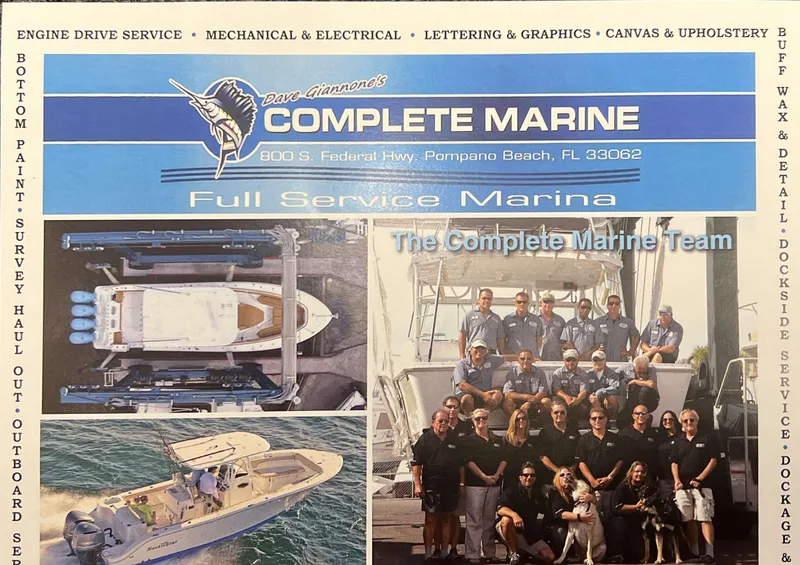 Slide: The Image of Complete Marine 2024 trailer ad featuring boats and team at Pompano Beach marina. - 25