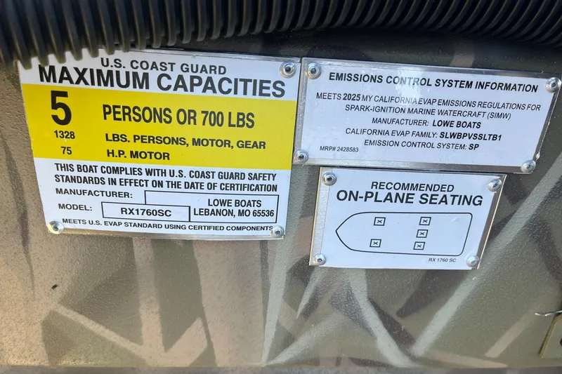 Slide: The Image of Lowe Roughneck 1760SC 2025 capacity and emissions labels, seating recommendation. - 20