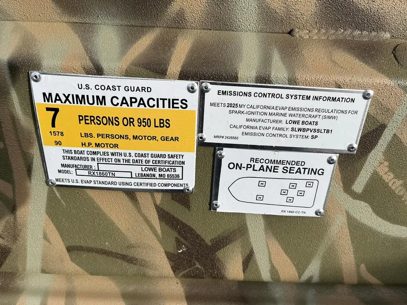 Slide: The Image of Lowe Roughneck 1860 Tunnel Jet 2025 capacity and emissions information labels on camouflage background. - 23