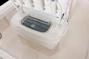 Slide: The Image of 2025 Skeeter SX2550 boat interior with storage compartment and seating area. - 15