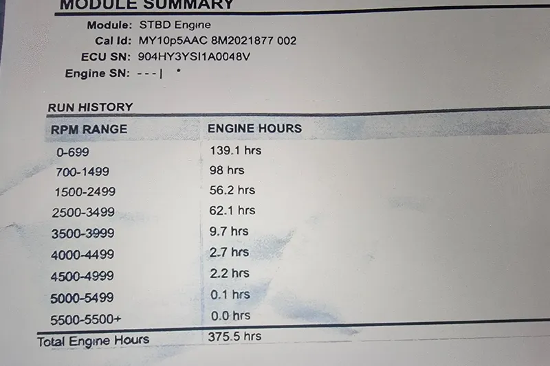 Slide: The Image of 2011 Sea Ray 240 Sundeck engine module summary with detailed RPM and engine hours. - 8