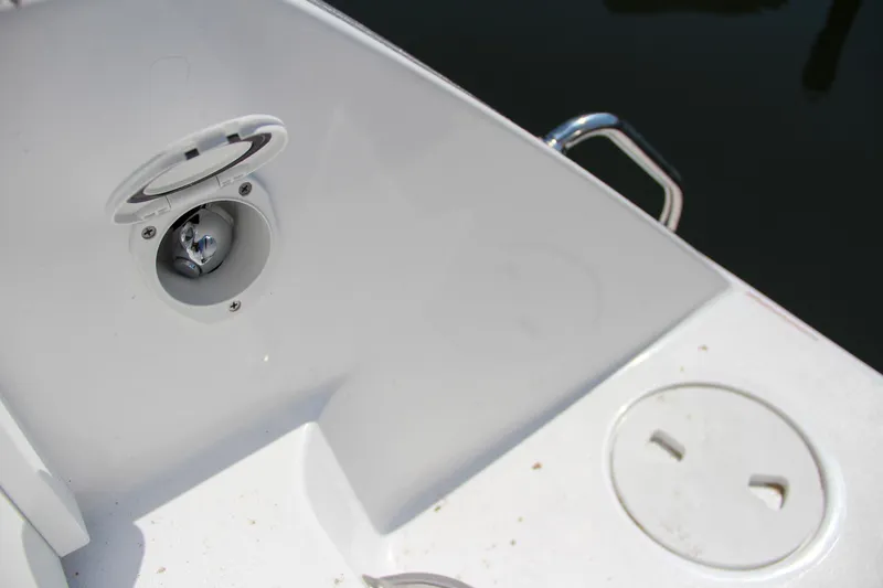 Slide: The Image of Sea Hunt Gamefish 28 boat detail, 2025 model, featuring deck fittings and hardware. - 15