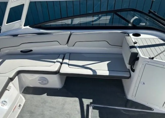 Slide: The Image of 2025 Yamaha Boats AR190 interior seating with sleek design and modern features. - 12