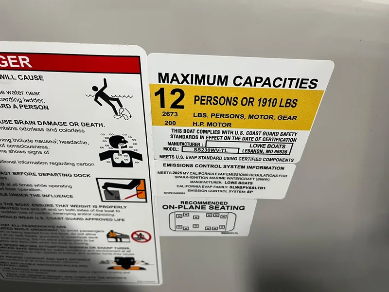 Slide: The Image of Capacity label for Lowe SS 230 WV, 2025 model, max 12 persons or 1910 lbs. - 24
