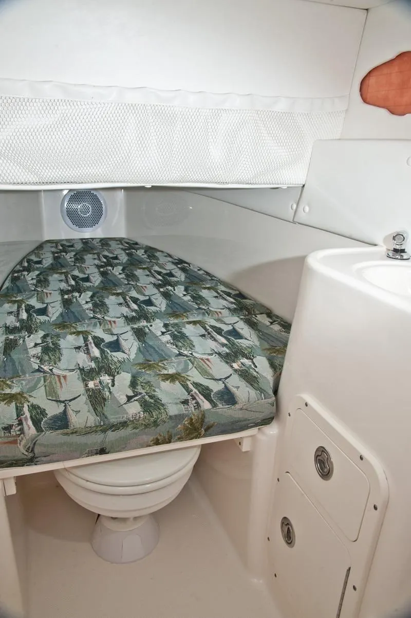 Slide: The Image of 2015 Century 3200 Center Console cabin interior with patterned bedding and compact amenities. - 13