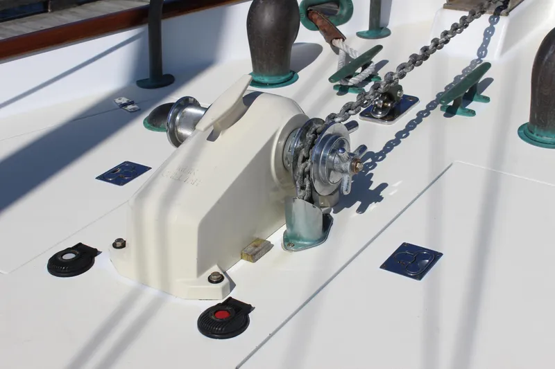 Slide: The Image of Deck equipment on 2012 Custom Gartside Jespersen 40 sailboat, featuring anchor windlass and chain. - 13