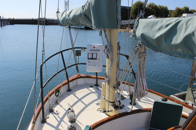 Slide: The Image of Sailboat deck view, Custom Gartside Jespersen 40, 2012, docked in calm waters. - 20