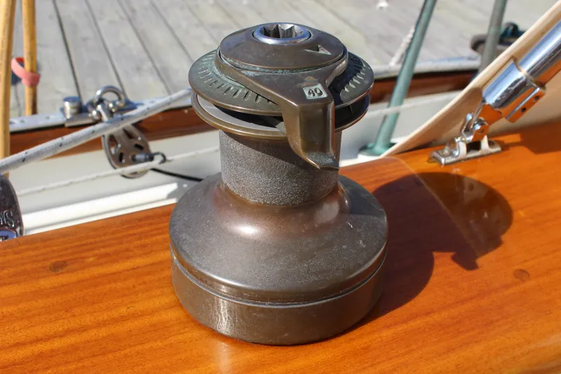 Slide: The Image of Sailboat winch on Custom Gartside Jespersen 40, 2012 model, mounted on polished wooden deck. - 27