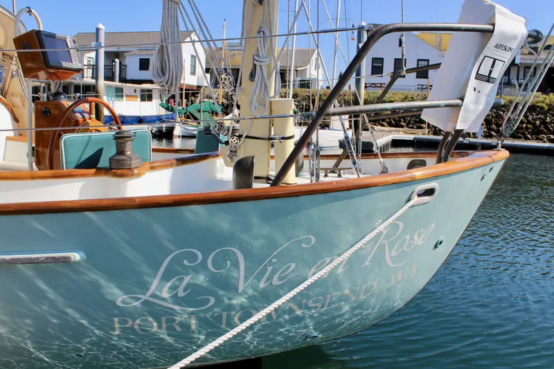 Slide: The Image of Sailboat "La Vie en Rose" docked, Custom Gartside Jespersen 40, 2012 model, in a marina. - 8