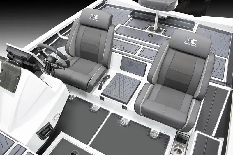Slide: The Image of 2025 Xpress X21 Pro Bass boat interior with dual seats and steering console. - 24