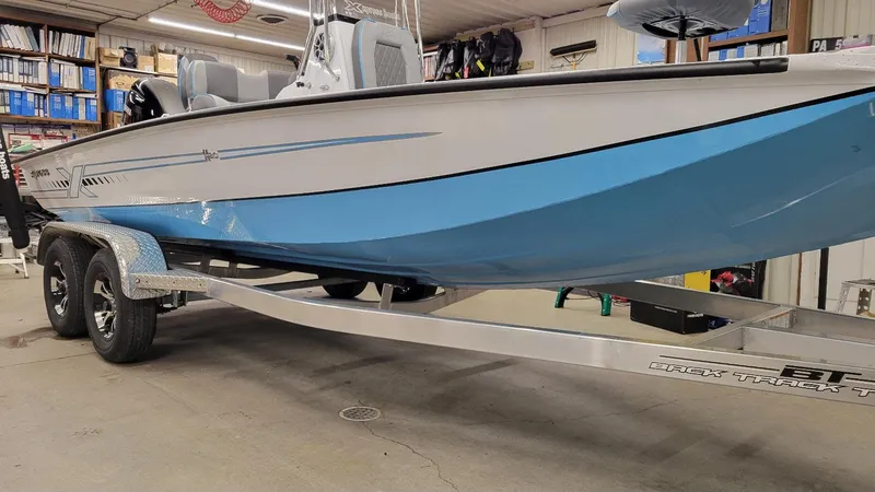 Slide: The Image of 2025 Xpress H20 Bay boat with Yamaha Vmax 150 SHO, in stock, on trailer. - 4