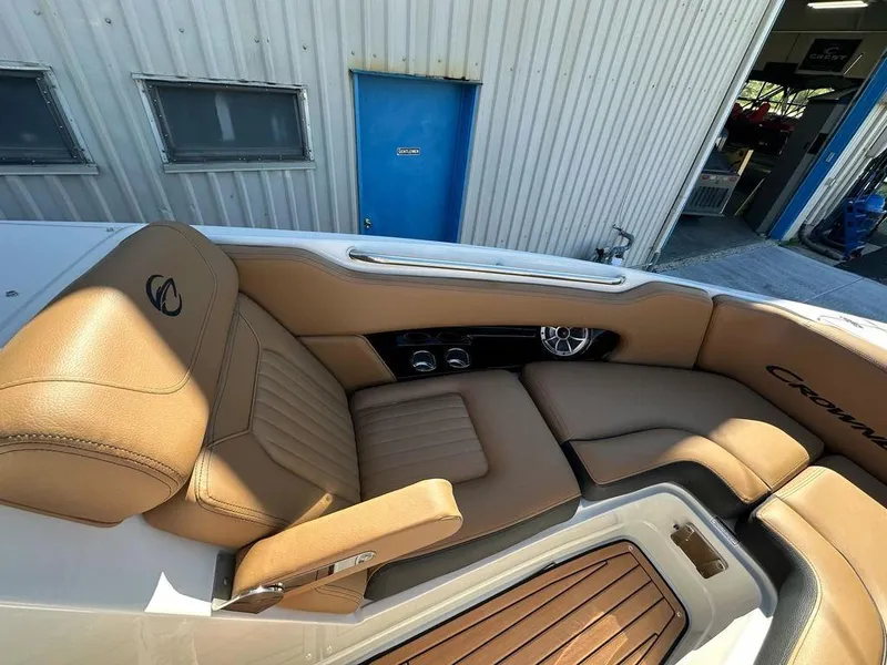 Slide: The Image of Luxurious interior of 2025 Crownline 270 SS boat with tan leather seating. - 8