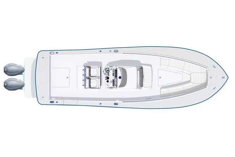 Slide: The Image of Top view of a 2017 Regulator 31 boat with dual outboard motors. - 25